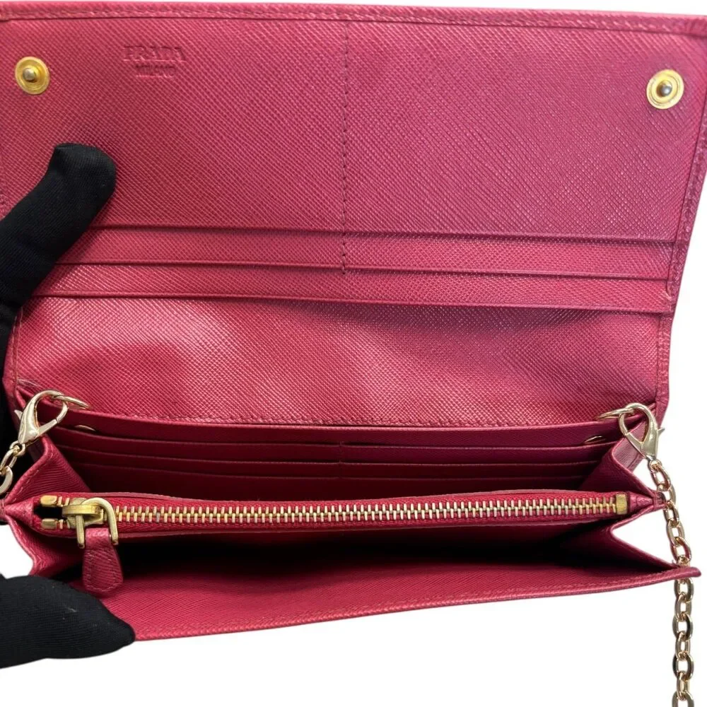 PRADA Magenta Saffiano Leather Bow Wallet with added Chain - Picture 8 of 9